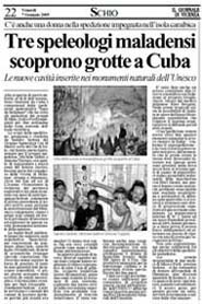 07-01-2005 Il Giornale di Vicenza-Tre speleologi malensi scoprono grotte a Cuba.